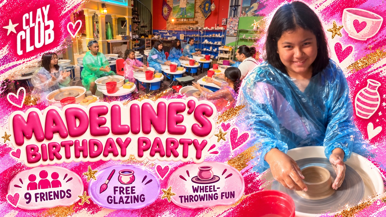 Madeline celebrating her birthday with nine friends at pottery wheels in Clay Club